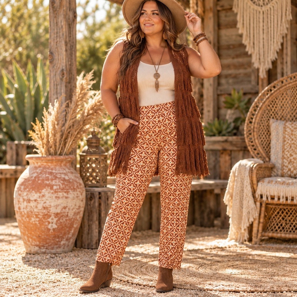 36. XL SET Cato brown fringe vest & boho slim pants Boho, retro, festival